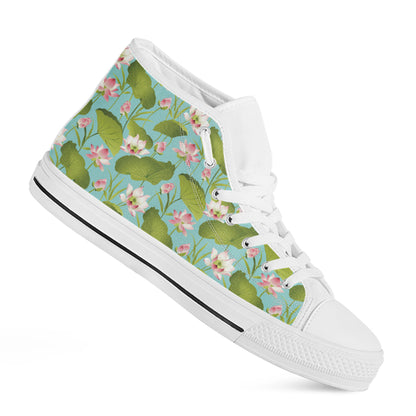 Pink Lotus Pattern Print White High Top Shoes