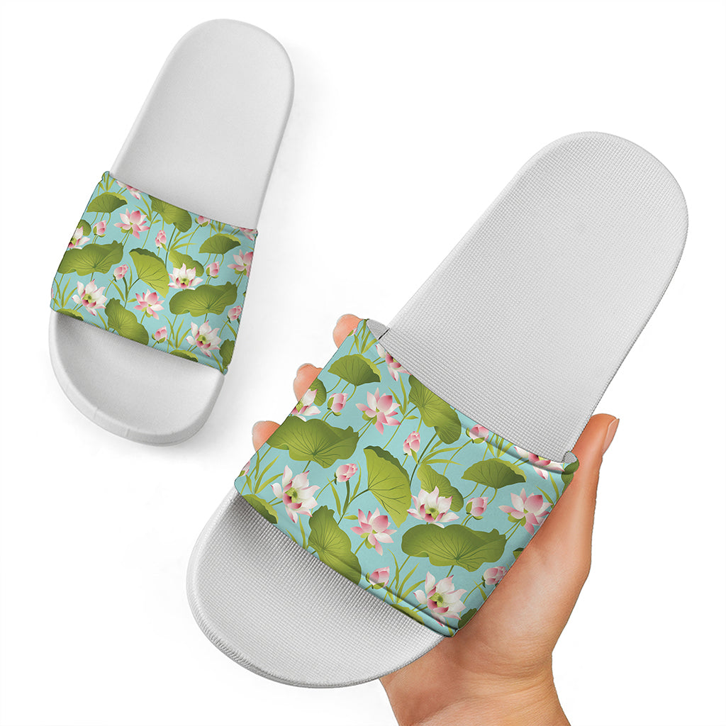 Pink Lotus Pattern Print White Slide Sandals
