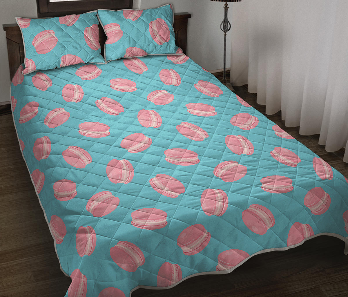 Pink Macaron Pattern Print Quilt Bed Set