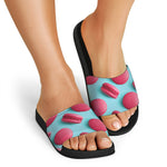 Pink Macarons Print Black Slide Sandals