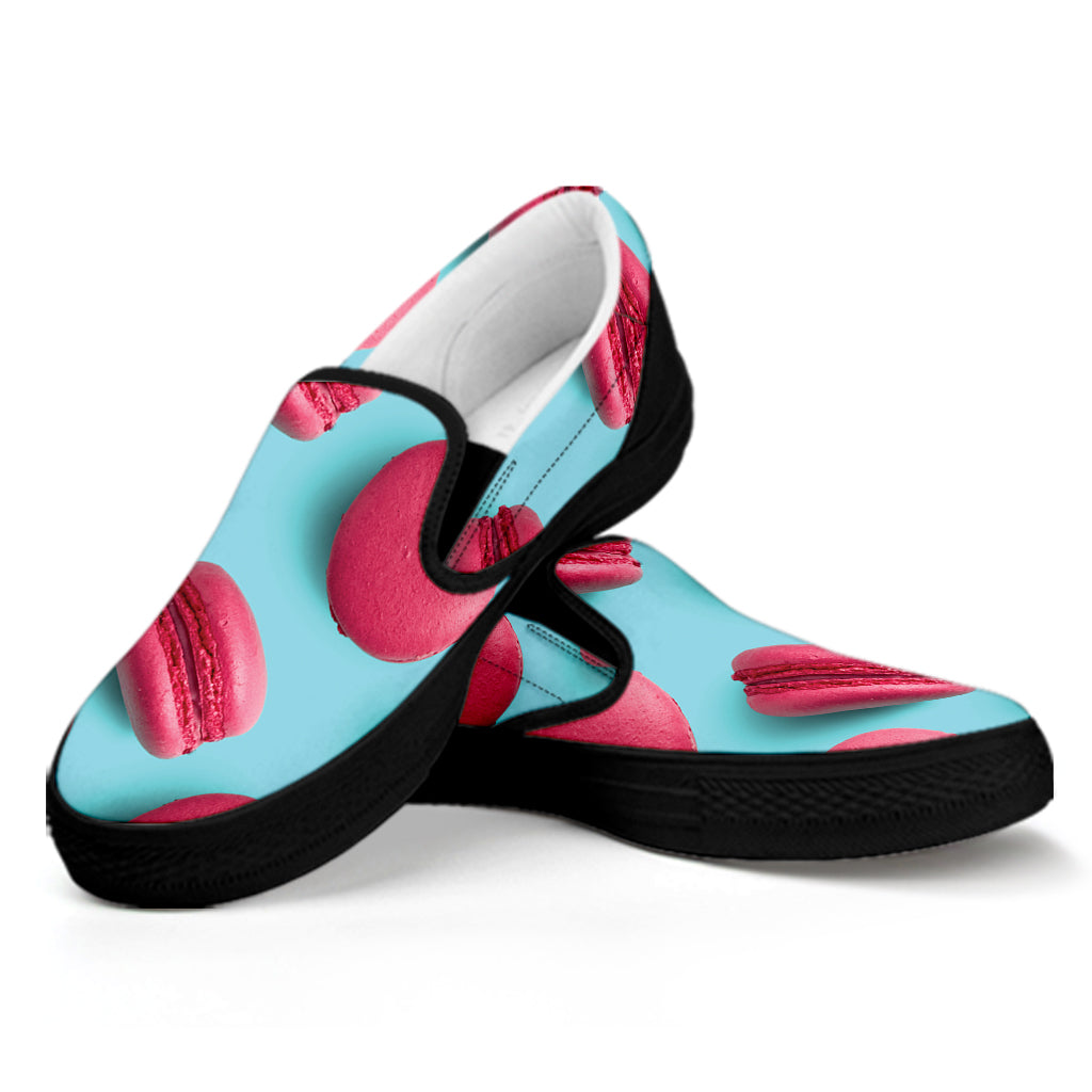 Pink Macarons Print Black Slip On Shoes