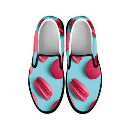 Pink Macarons Print Black Slip On Shoes