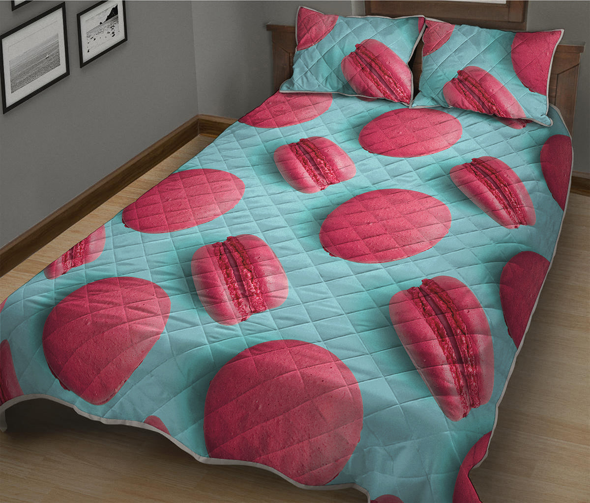 Pink Macarons Print Quilt Bed Set