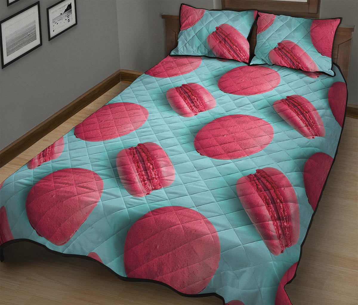Pink Macarons Print Quilt Bed Set