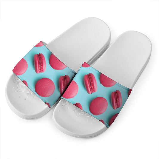 Pink Macarons Print White Slide Sandals