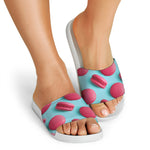 Pink Macarons Print White Slide Sandals