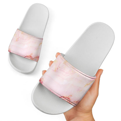 Pink Marble Print White Slide Sandals
