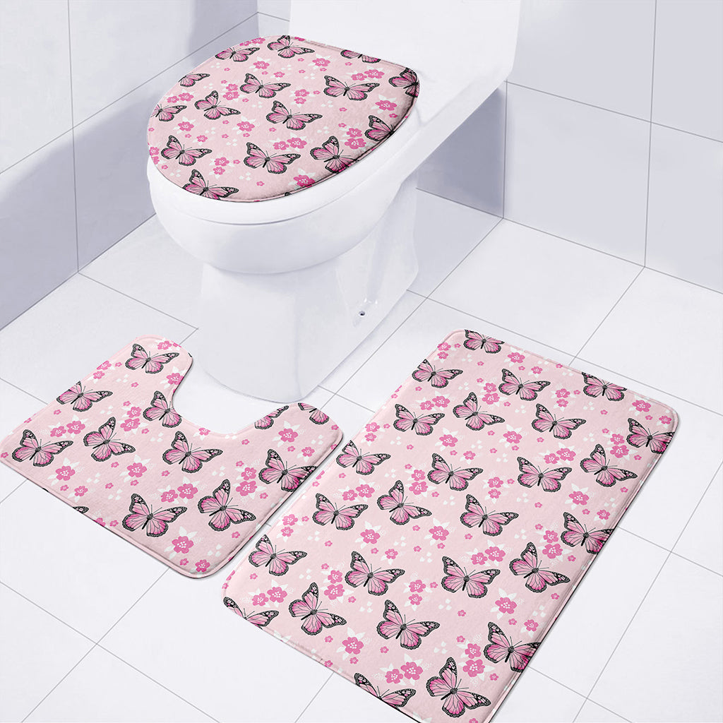 Pink Monarch Butterfly Pattern Print 3 Piece Bath Mat Set