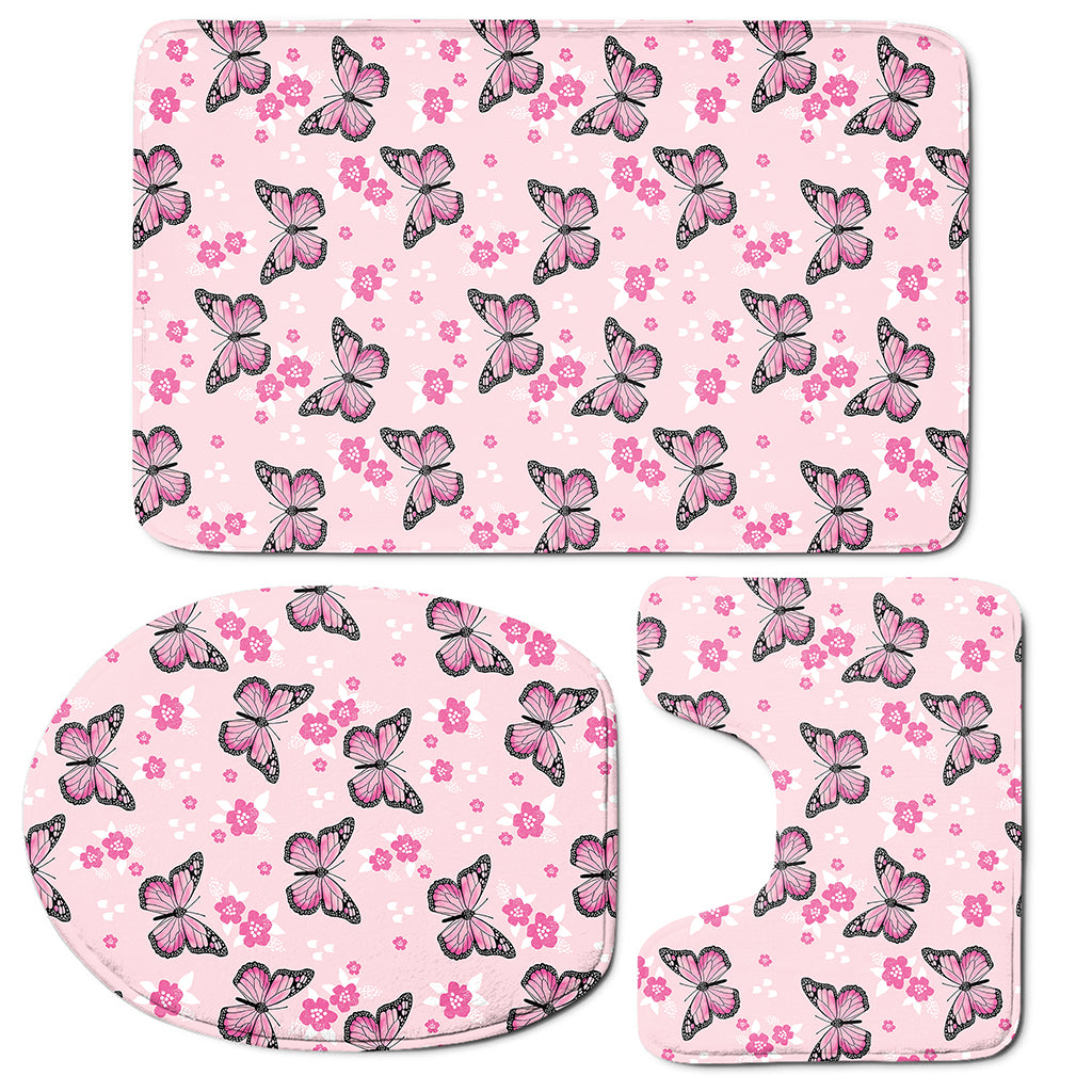 Pink Monarch Butterfly Pattern Print 3 Piece Bath Mat Set