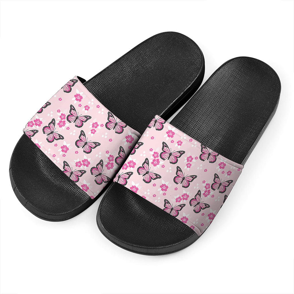 Pink Monarch Butterfly Pattern Print Black Slide Sandals