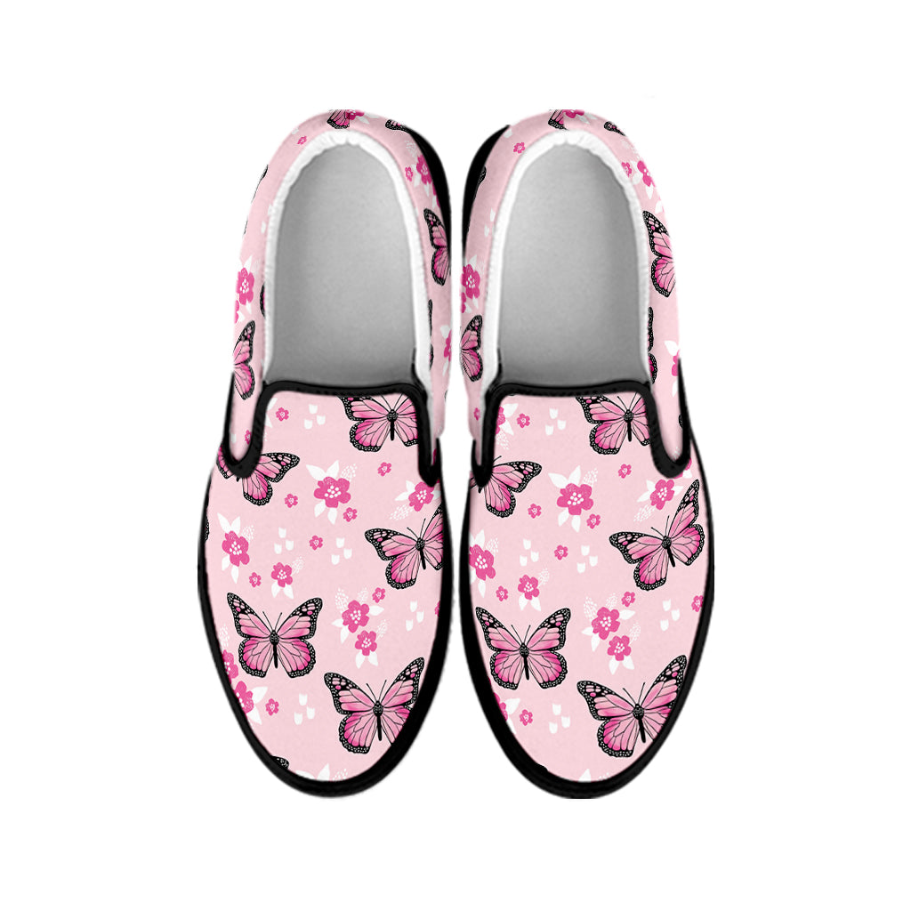 Pink Monarch Butterfly Pattern Print Black Slip On Shoes