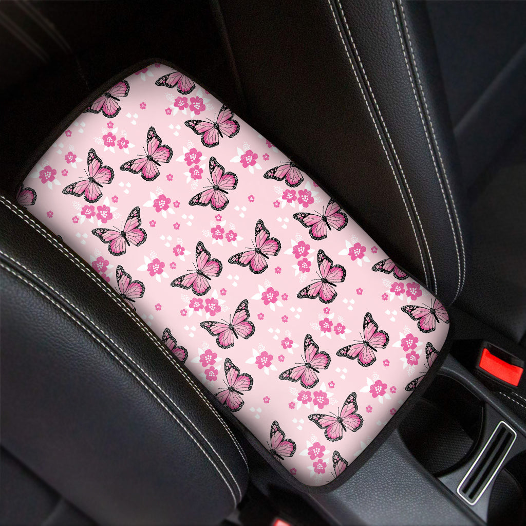 Pink Monarch Butterfly Pattern Print Car Center Console Cover