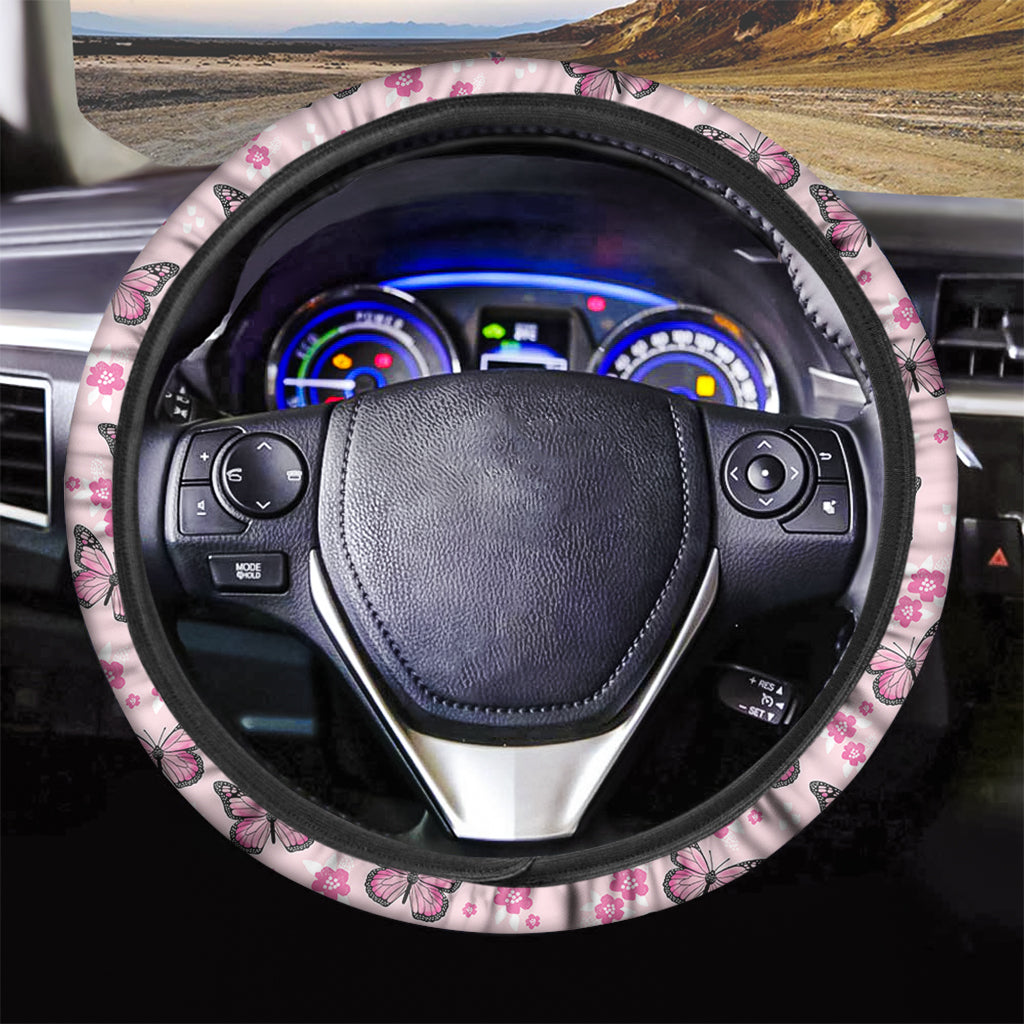 Pink Monarch Butterfly Pattern Print Car Steering Wheel Cover