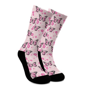 Pink Monarch Butterfly Pattern Print Crew Socks