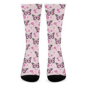 Pink Monarch Butterfly Pattern Print Crew Socks