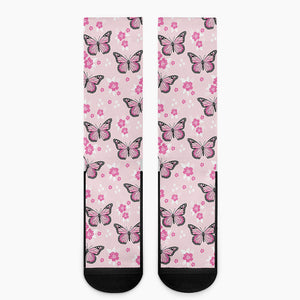 Pink Monarch Butterfly Pattern Print Crew Socks