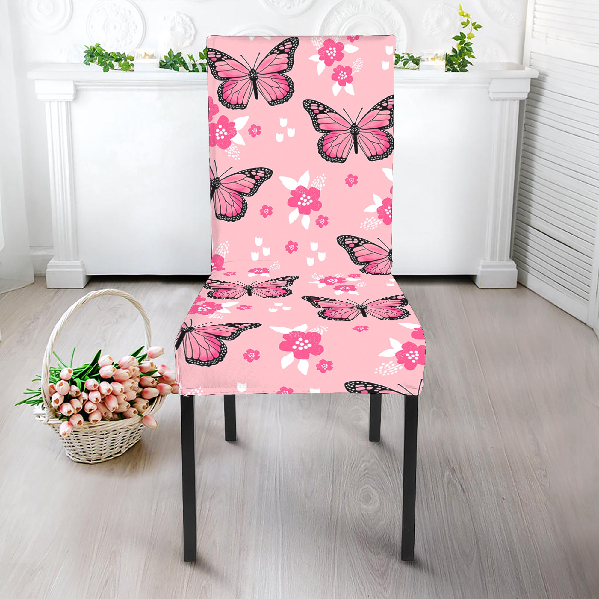 Pink Monarch Butterfly Pattern Print Dining Chair Slipcover