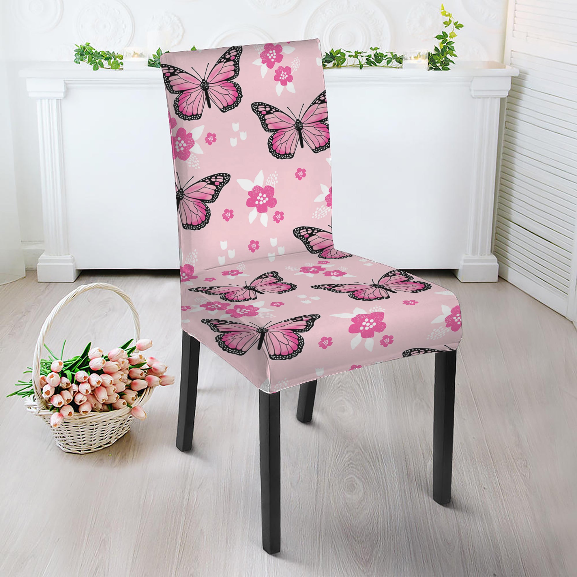 Pink Monarch Butterfly Pattern Print Dining Chair Slipcover