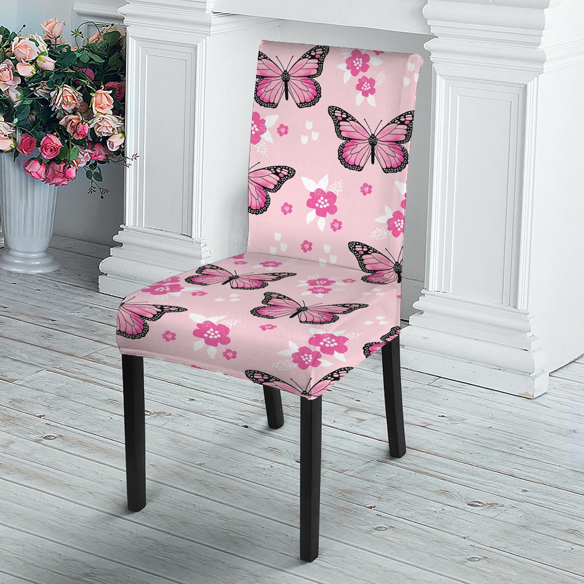 Pink Monarch Butterfly Pattern Print Dining Chair Slipcover