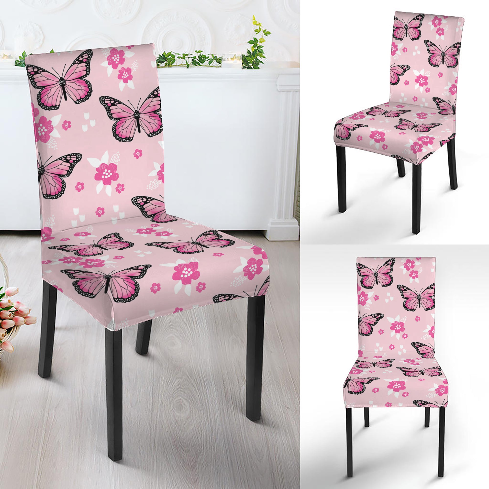 Pink Monarch Butterfly Pattern Print Dining Chair Slipcover