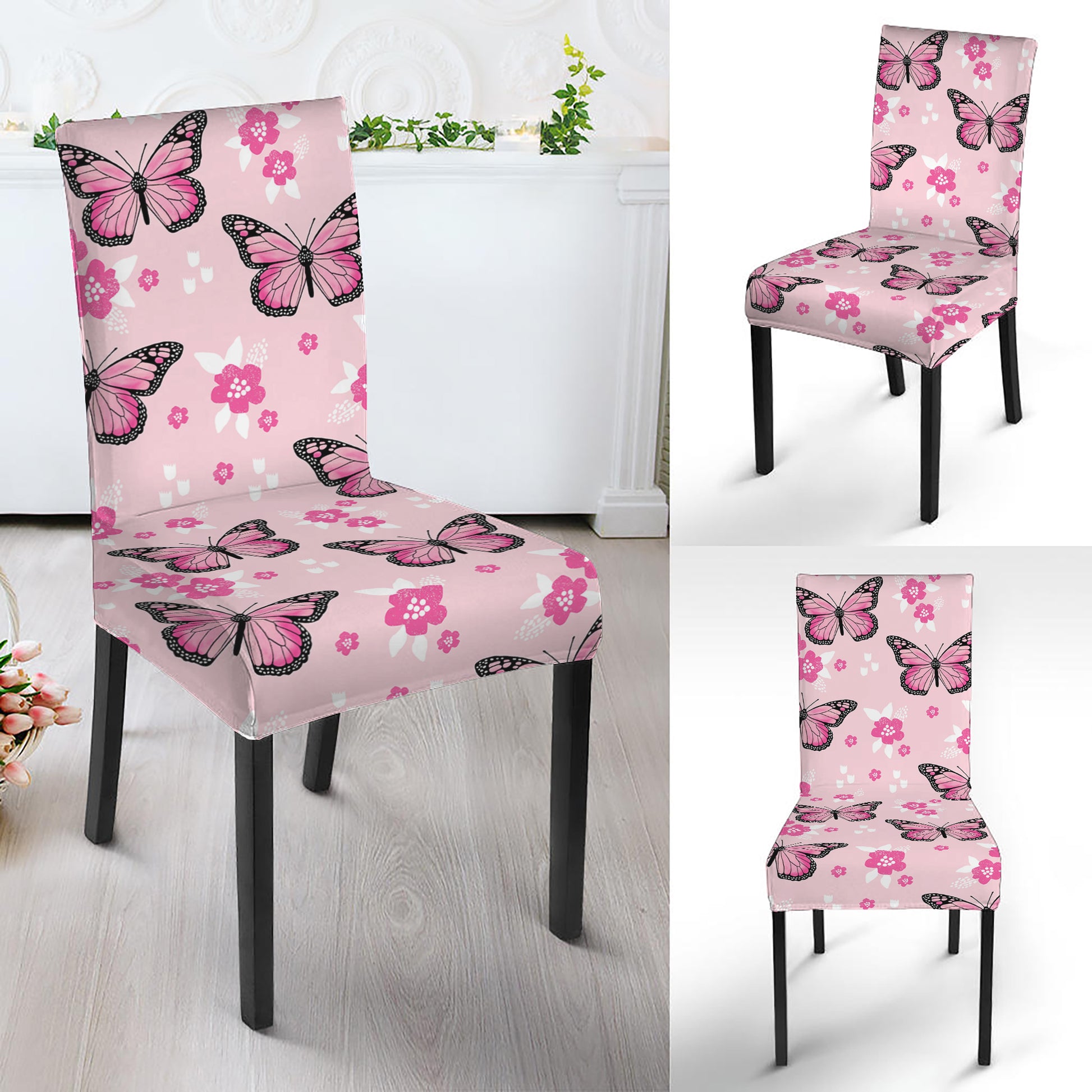 Pink Monarch Butterfly Pattern Print Dining Chair Slipcover