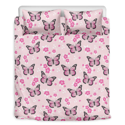 Pink Monarch Butterfly Pattern Print Duvet Cover Bedding Set