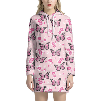 Pink Monarch Butterfly Pattern Print Hoodie Dress
