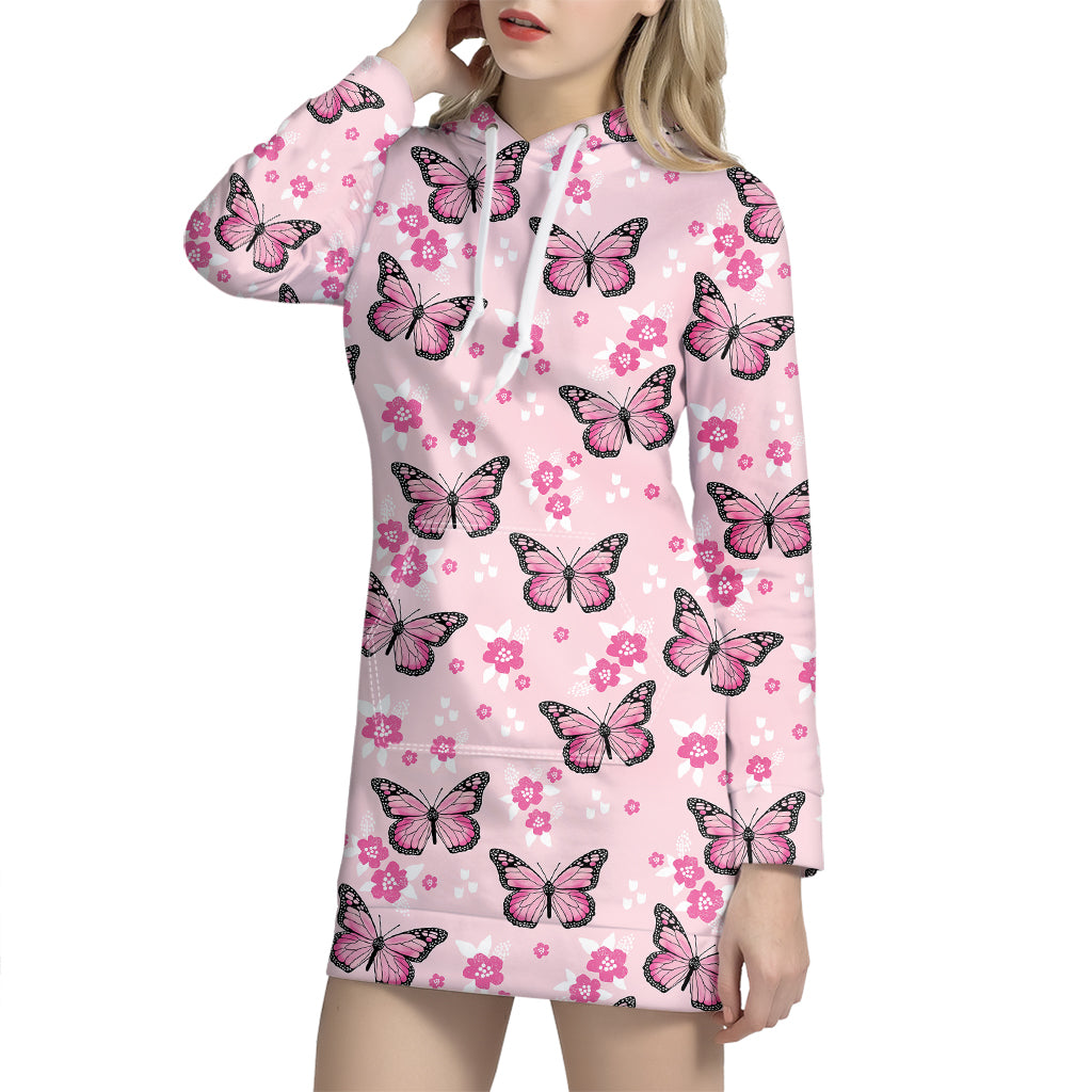 Pink Monarch Butterfly Pattern Print Hoodie Dress