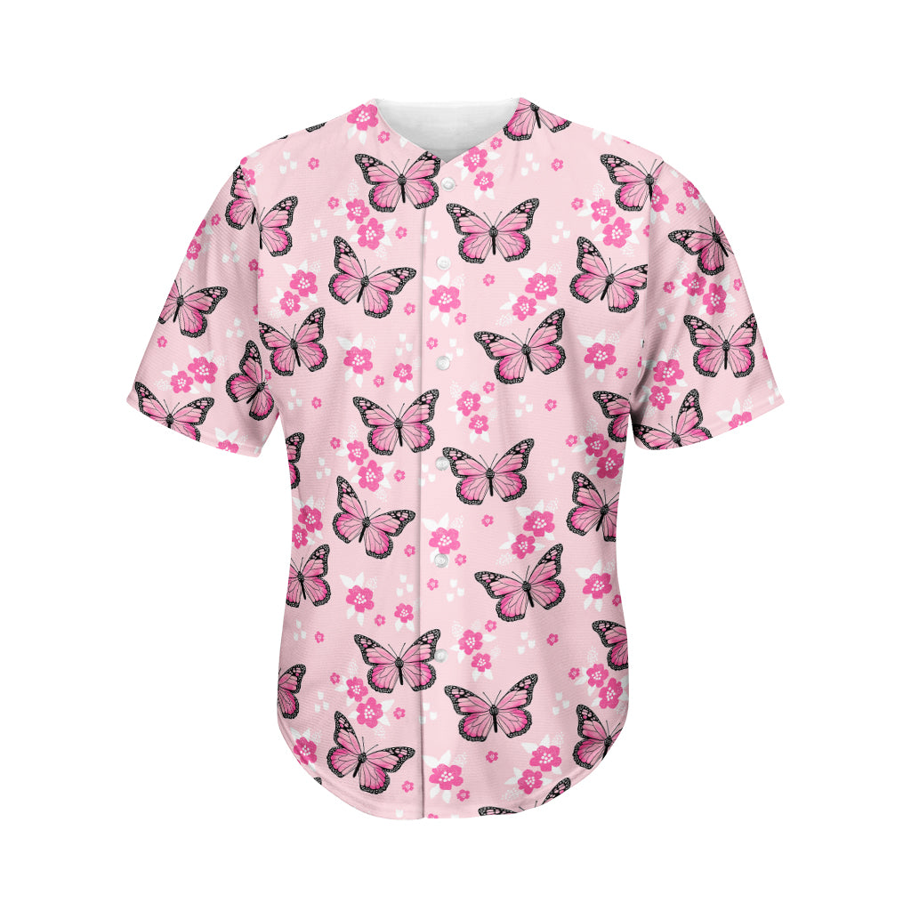 Pink Monarch Butterfly Pattern Print Men's Baseball Jersey