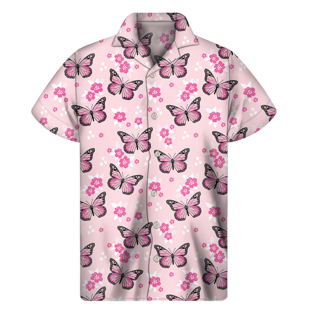 Pink Monarch Butterfly Pattern Print Men's Short Sleeve Shirt