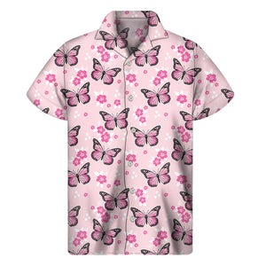 Pink Monarch Butterfly Pattern Print Men's Short Sleeve Shirt