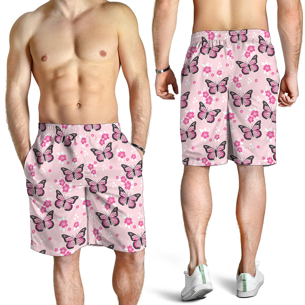 Pink Monarch Butterfly Pattern Print Men's Shorts