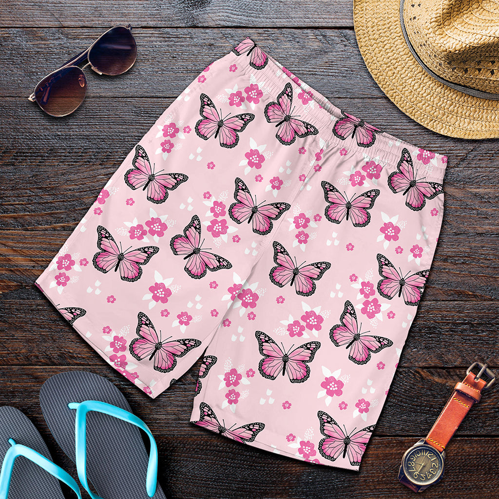 Pink Monarch Butterfly Pattern Print Men's Shorts