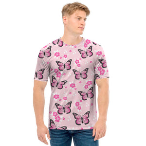 Pink Monarch Butterfly Pattern Print Men's T-Shirt