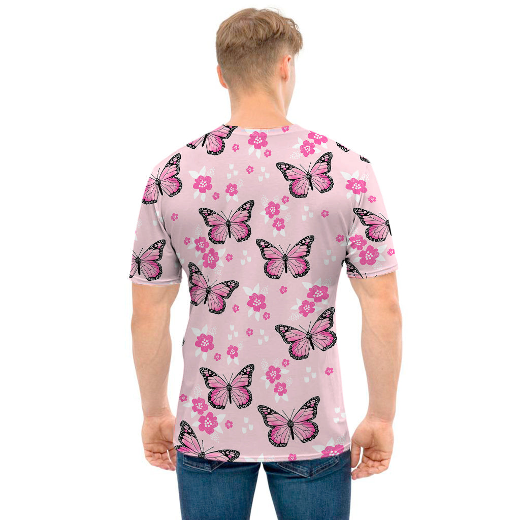 Pink Monarch Butterfly Pattern Print Men's T-Shirt