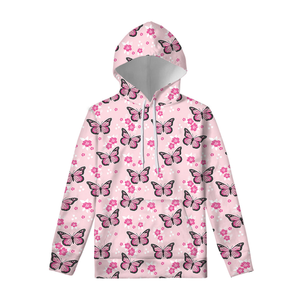 Pink Monarch Butterfly Pattern Print Pullover Hoodie