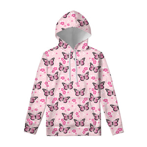 Pink Monarch Butterfly Pattern Print Pullover Hoodie