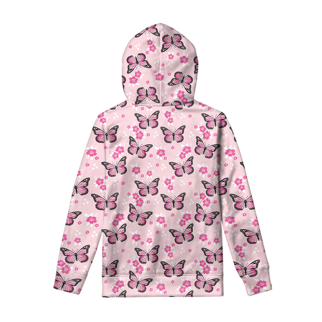 Pink Monarch Butterfly Pattern Print Pullover Hoodie