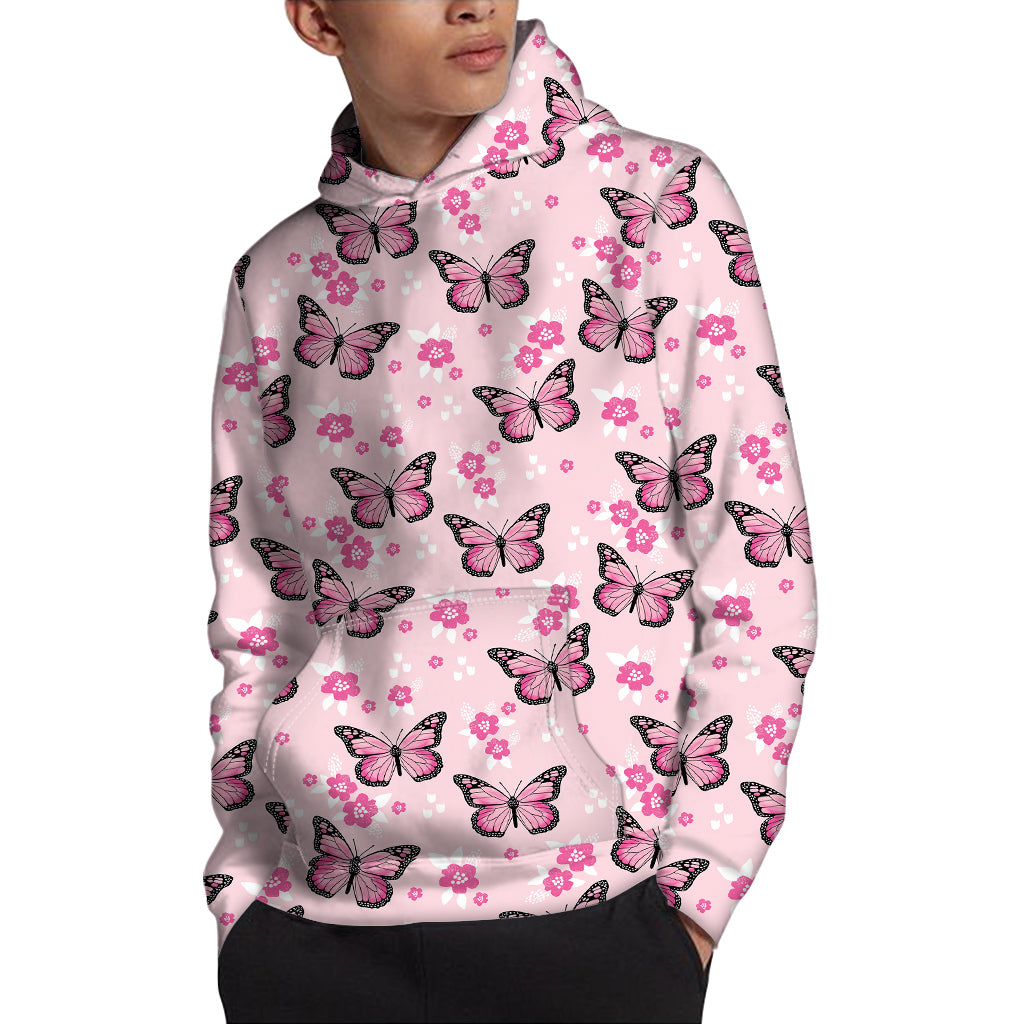 Pink Monarch Butterfly Pattern Print Pullover Hoodie