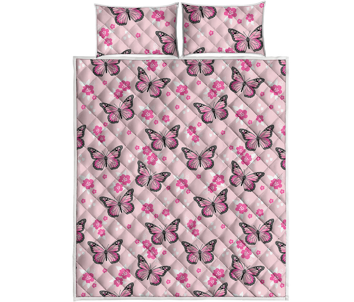 Pink Monarch Butterfly Pattern Print Quilt Bed Set