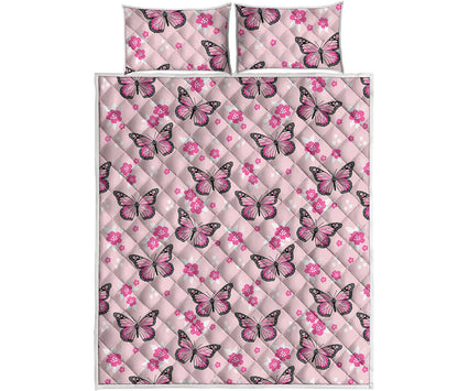 Pink Monarch Butterfly Pattern Print Quilt Bed Set