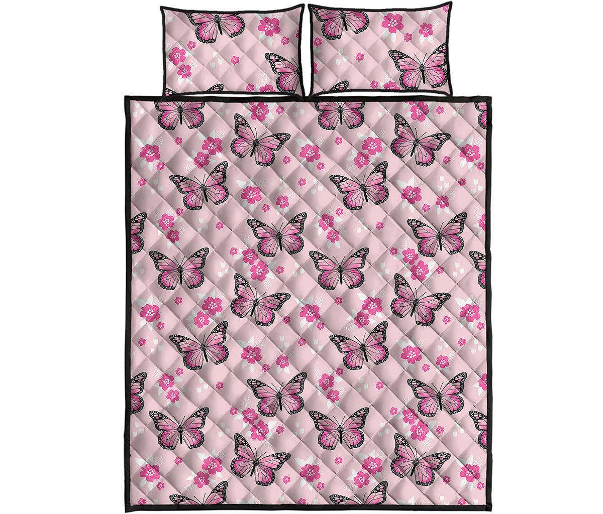 Pink Monarch Butterfly Pattern Print Quilt Bed Set