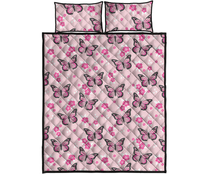 Pink Monarch Butterfly Pattern Print Quilt Bed Set