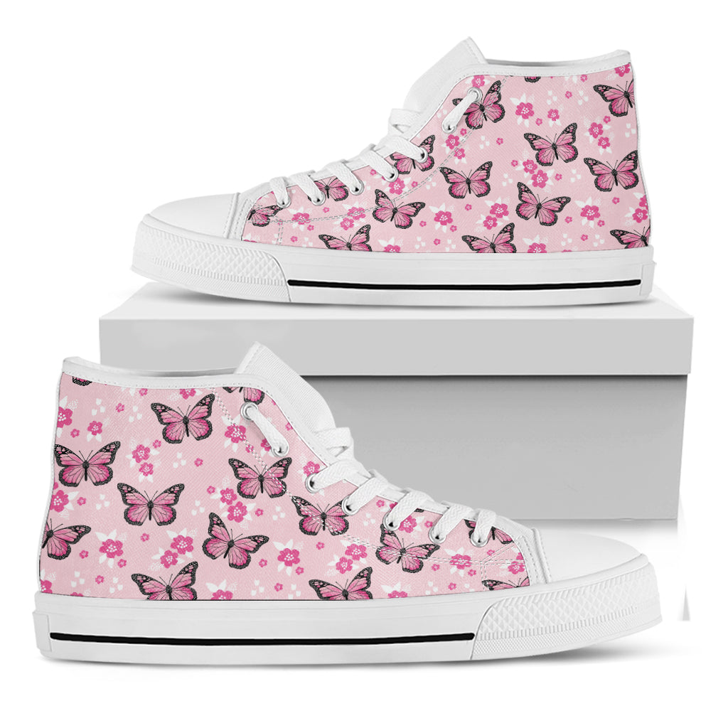 Pink Monarch Butterfly Pattern Print White High Top Shoes