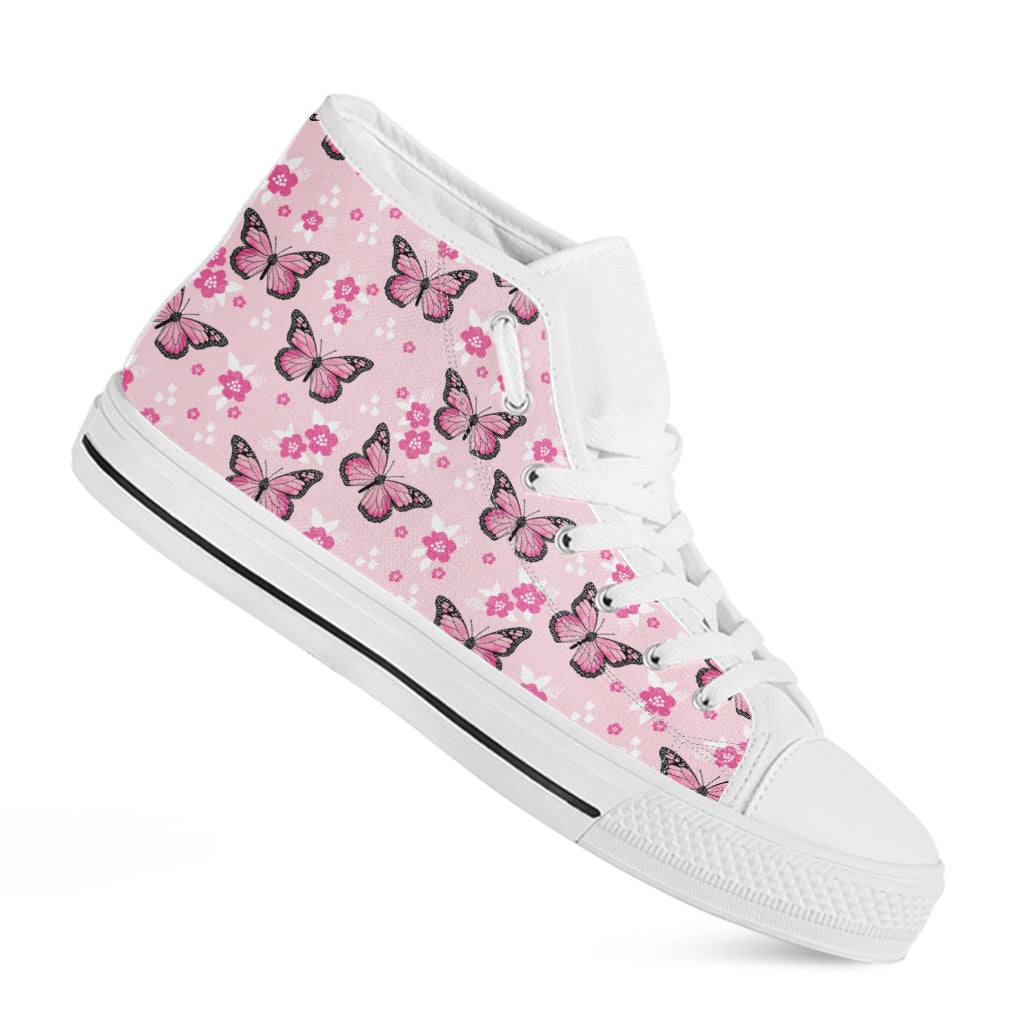 Pink Monarch Butterfly Pattern Print White High Top Shoes