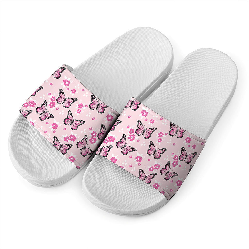 Pink Monarch Butterfly Pattern Print White Slide Sandals
