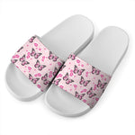 Pink Monarch Butterfly Pattern Print White Slide Sandals