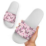Pink Monarch Butterfly Pattern Print White Slide Sandals