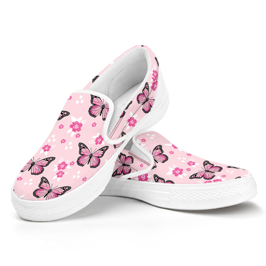 Pink Monarch Butterfly Pattern Print White Slip On Shoes