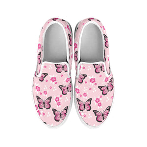 Pink Monarch Butterfly Pattern Print White Slip On Shoes